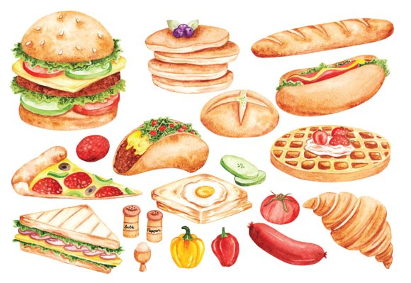 Fast Food Doodle in Watercolor Vector for Local Business Illustrations