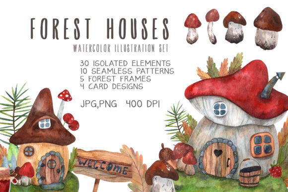 Forest Houses Watercolor Set: A Versatile Illustration for Creative Projects