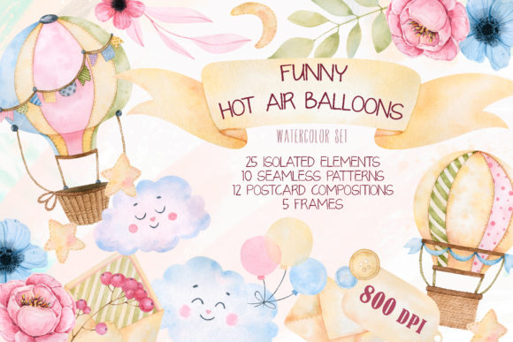 Funny Hot Air Balloons Watercolor Set: A Versatile Illustration for Creative Branding