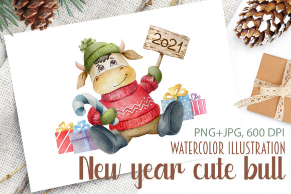 Watercolor New Year Cute Bull: A Festive Graphic Design Asset for Creative Campaigns