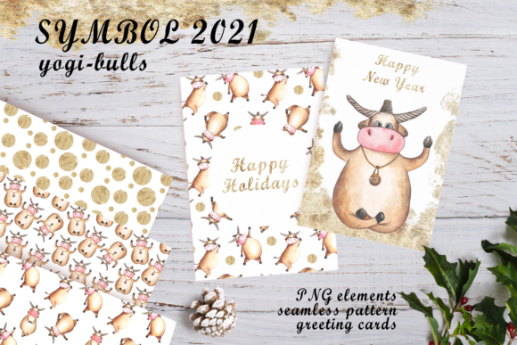 Watercolor New Year Yogi Bulls Clipart for Crafters