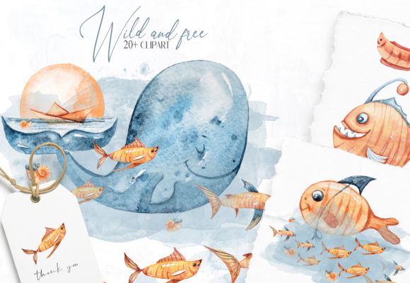 Watercolor Nursery Whales and Fish: A Delightful Graphic Design Asset for Local Branding
