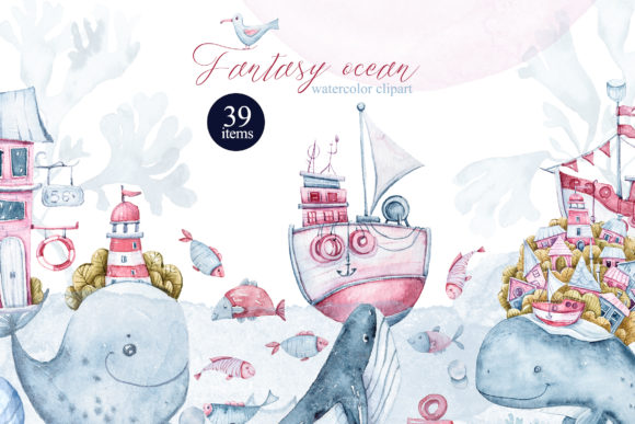 Watercolor Underwater Clipart for Commercial Illustrations