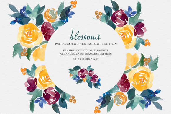 Yellow Burgundy Navy Watercolor Florals: A Versatile Illustration for Content Creators